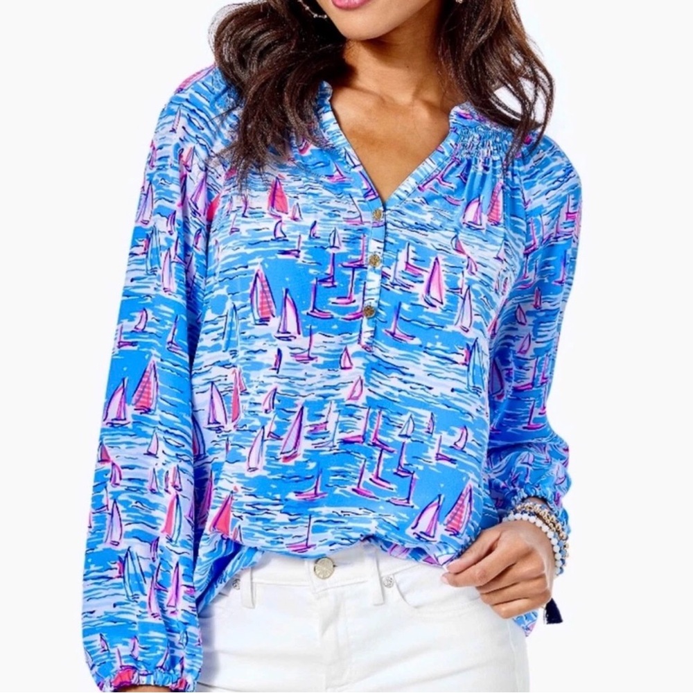 2 for $60🌺 Lilly Pulitzer Vibrant Blue and Pink Sailboat Blouse